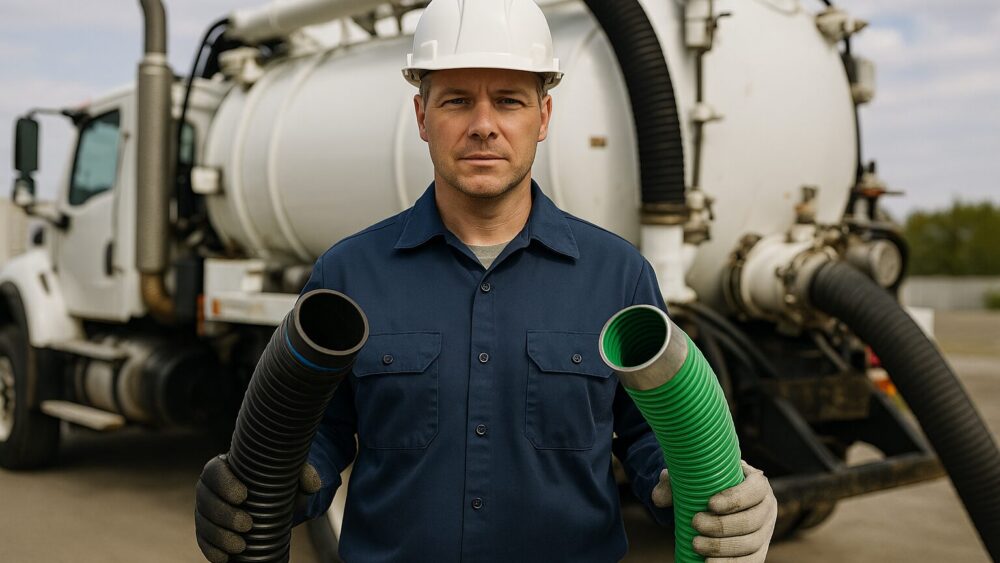 Technician comparing options for hydrovac hose selection on vacuum truck